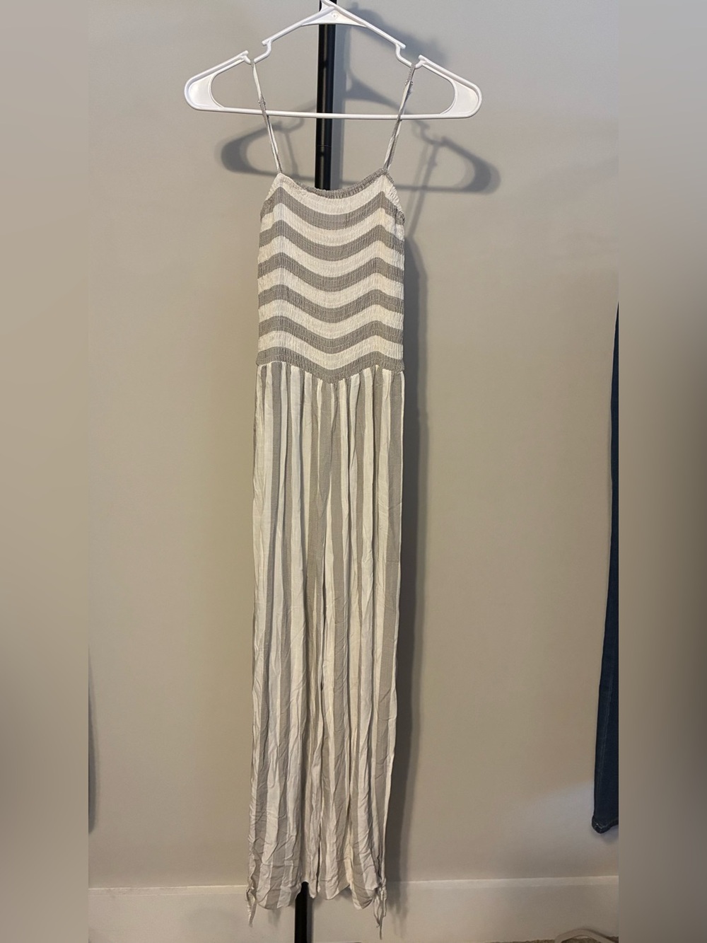 Grade & Gather Striped Knit Maxi Jumpsuit Smock Top White Gray Tie Leg Small
